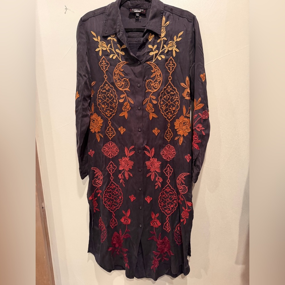 Johnny Was Black Midi Dress with Orange and Red Embroidery